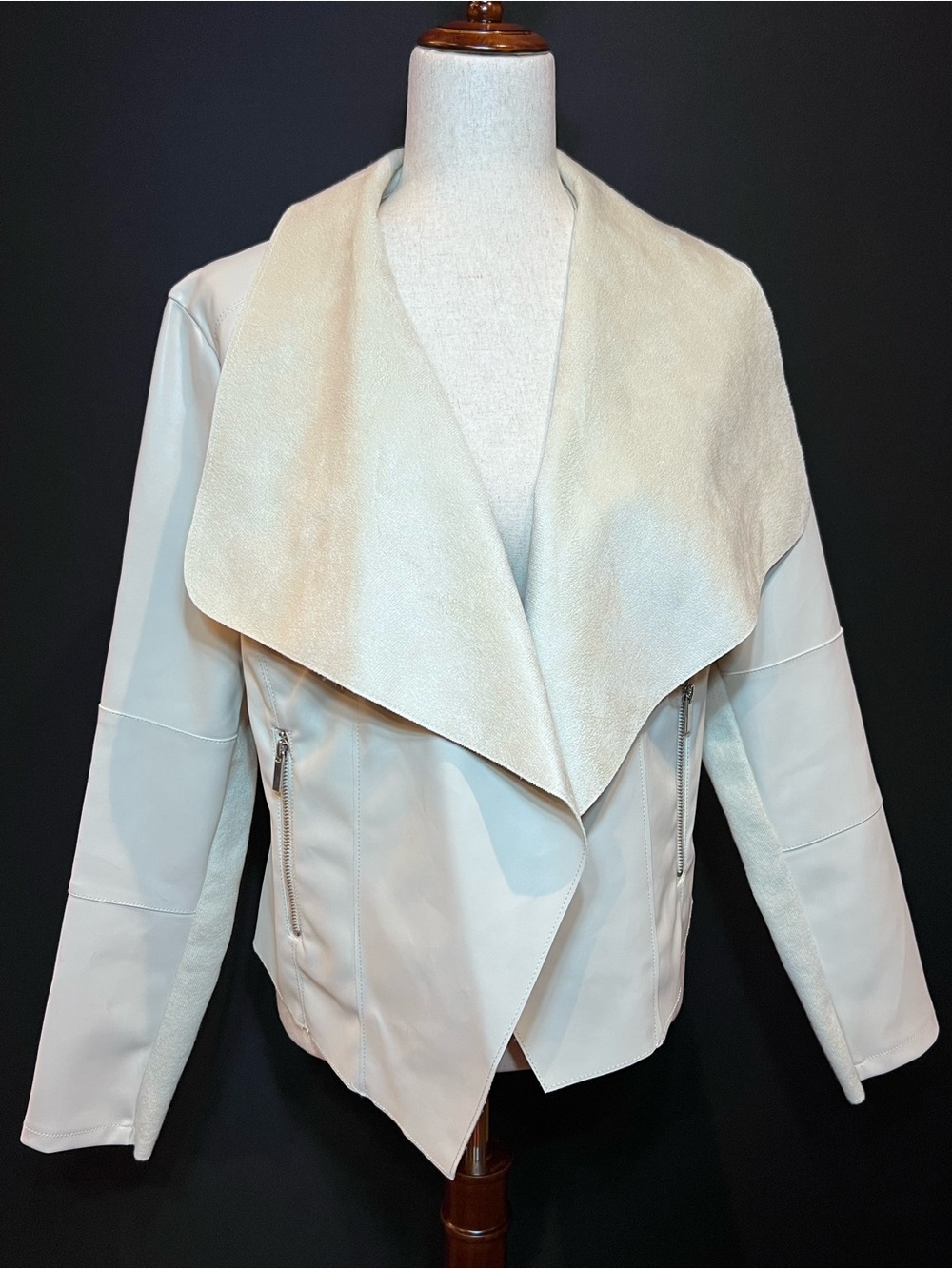 bagatelle Cream Draped Faux Leather Jacket with Waterfall Collar, Washable